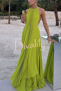 Sexy Backless Tie and Elastic Waist High Slit Pleated Maxi Skirt Set