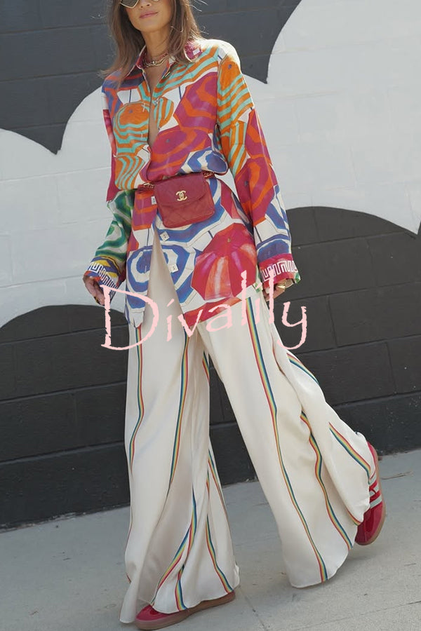 Ellah Satin Rainbow Stripe Print Drawstring Elastic Waist Pocket Wide Leg Pants