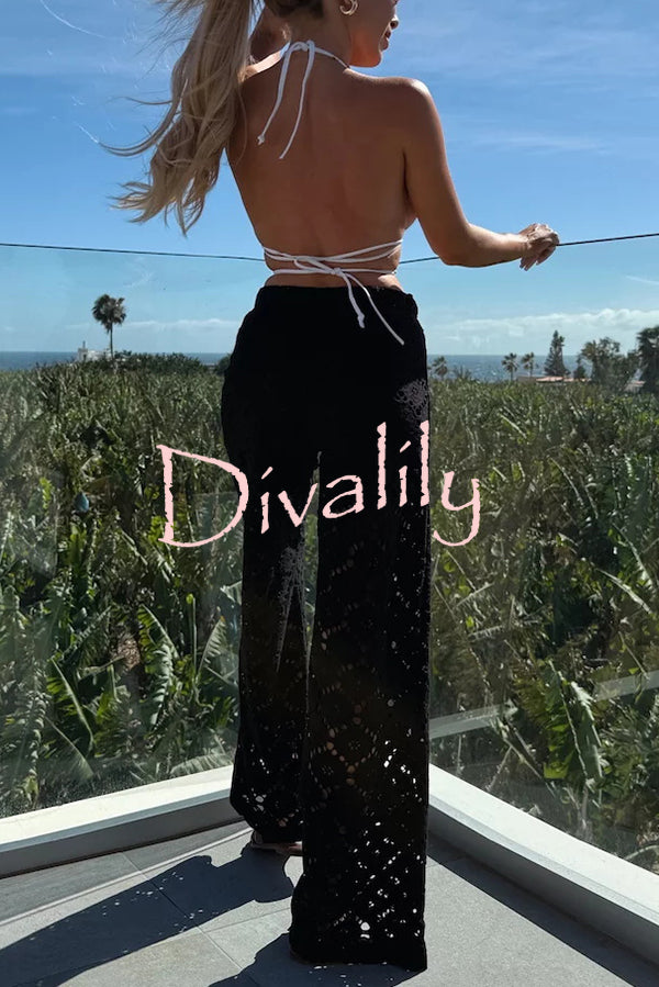 Holiday Crochet Flowers Lace Short Sleeve Shirt and Elastic Waist Wide Leg Pants Set