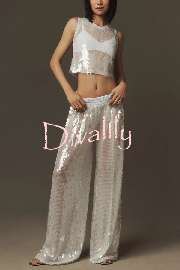 Shining Seaside Sequin Mid Rise Elastic Waist Boyfriend Loose Pants