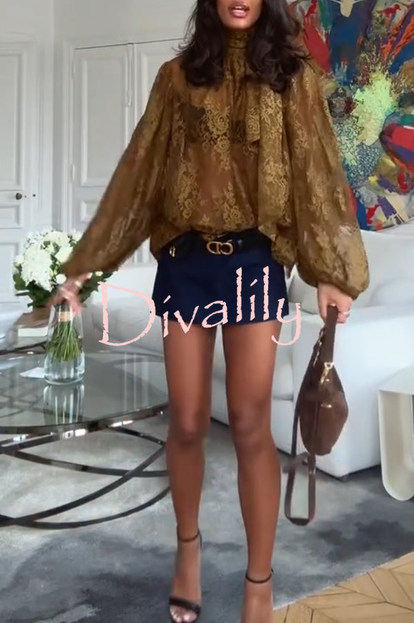 Reigna Semi-sheer Floral Lace Bow Neck Balloon Sleeve Loose Blouse