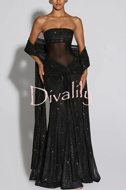 Paula Sequined Mesh and Jersey Off Shoulder Ruched Knot Drape Shawl Maxi Dress