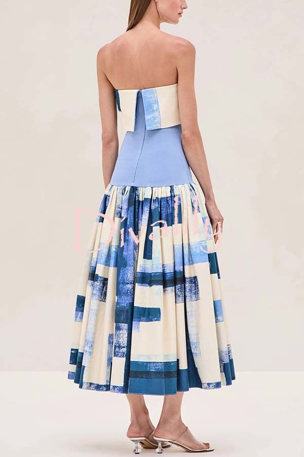 Robia Unique Print Ribbed Elastic Waist Pocketed Strapless Midi Dress
