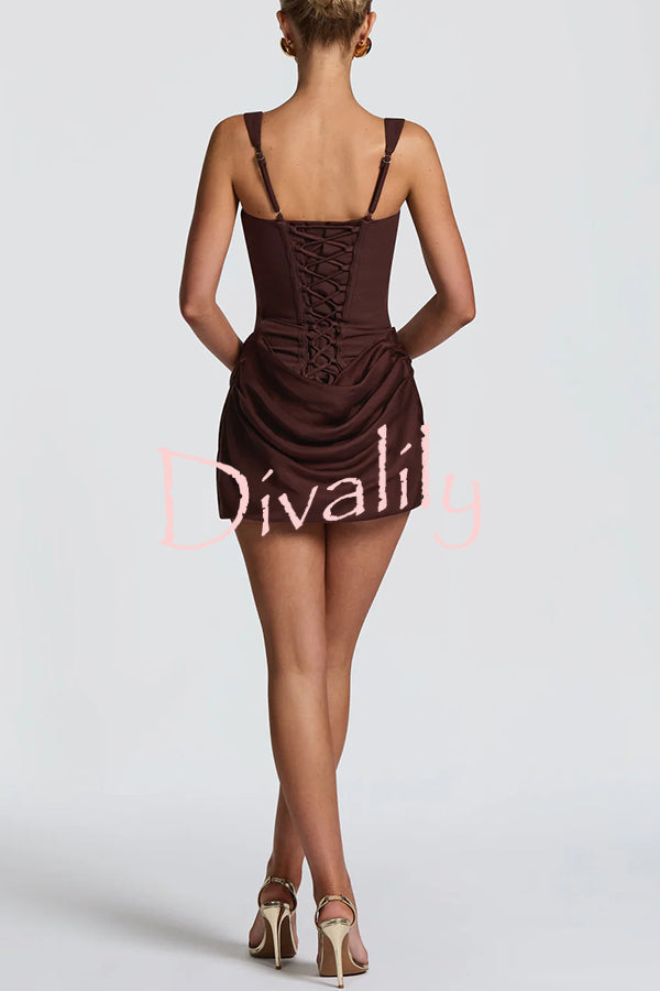 Cornelia Square Neck Back Lace-up Satin Drape Hem Mini Dress
