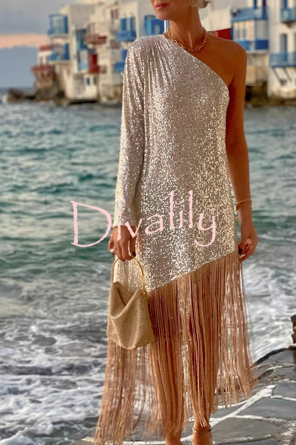 Anika Sequin One Shoulder Sleeve Tassel Hem H-line Midi Dress