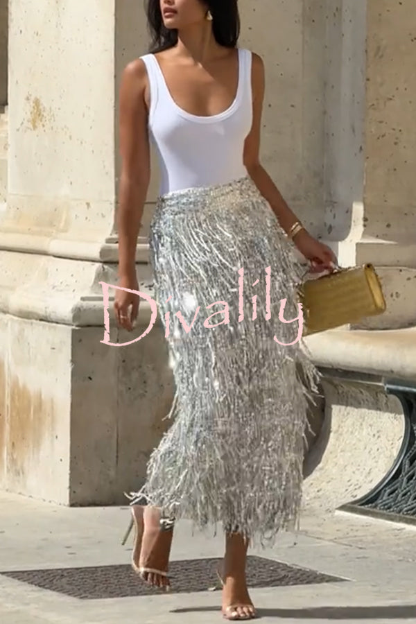 Evening Charm Layered Sequined Tassels High Rise Back Zipper Slit Midi Skirt