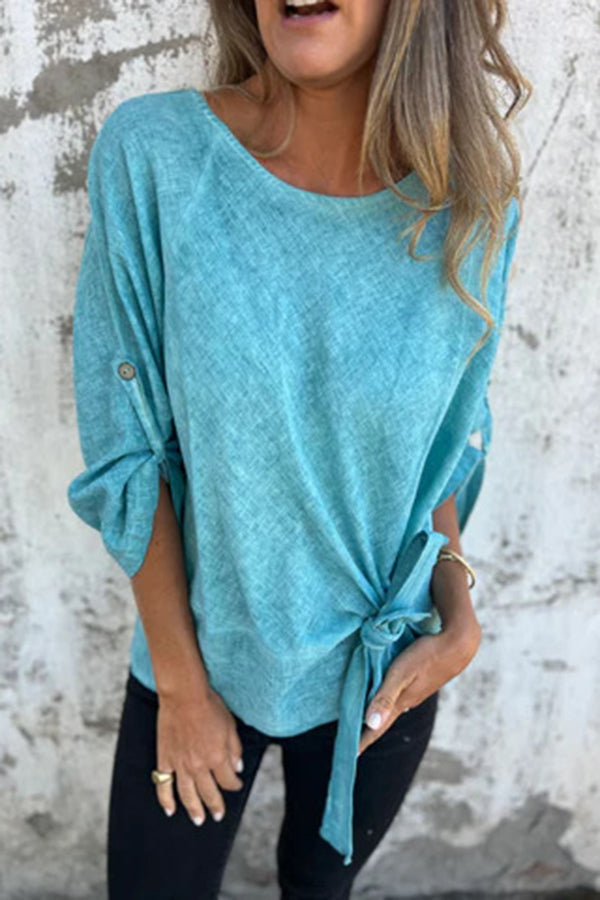 Solid Color Casual Round Neck Loose Knot Top