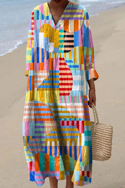 Colorful Geometric Print V-Neck Long Sleeve Loose Midi Dress