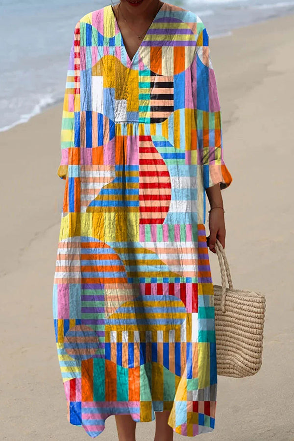 Colorful Geometric Print V-Neck Long Sleeve Loose Midi Dress
