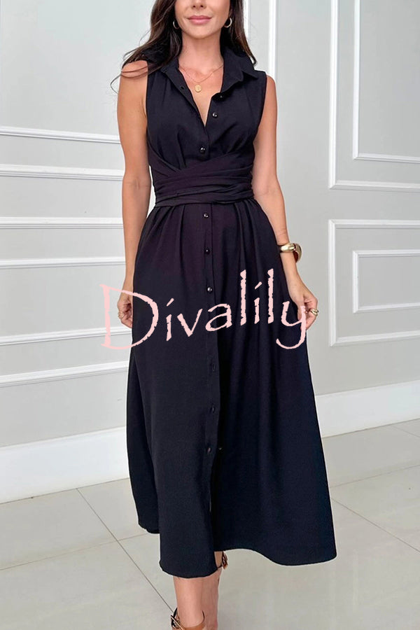 Solid Color Lapel Sleeveless Waisted Single-breasted Casual Midi Dress