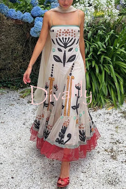 Botanical Print Chiffon Sling Backless Resort Maxi Dress