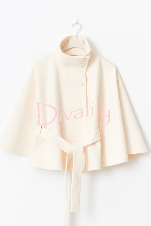Fashionable Stand Collar Button Waist Tie Loose Cape