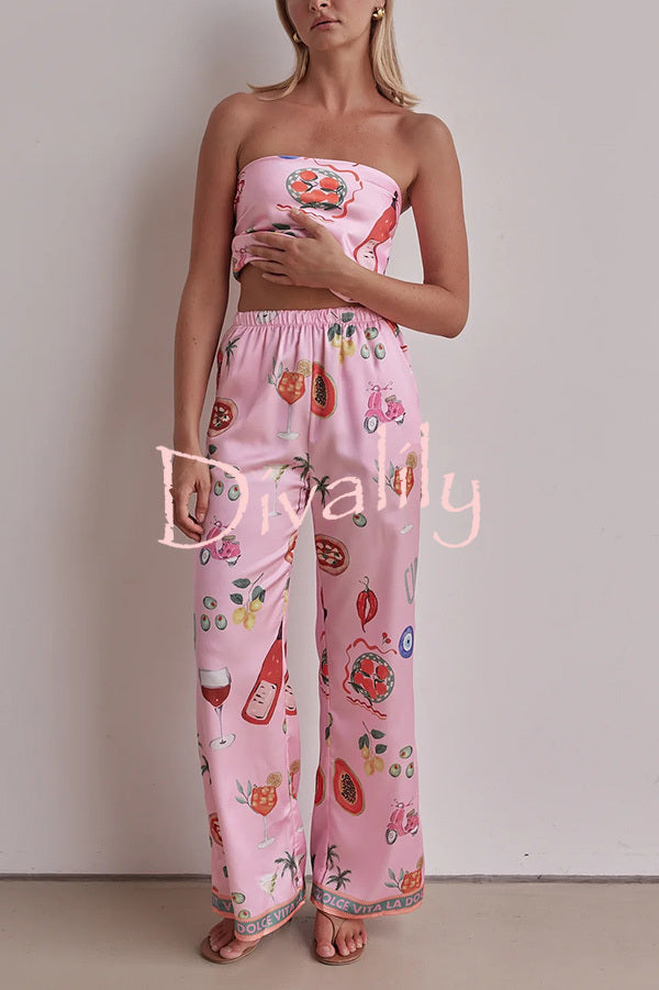 Linen Blend Unique Printed Bandeau Top and Elastic Waist Pocket Pants Set