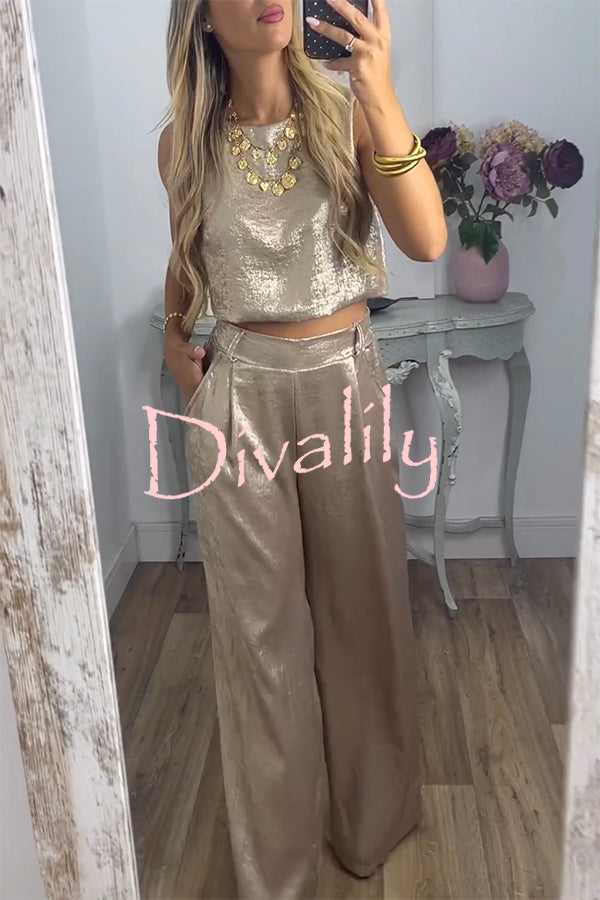 Rita Metallic Fabric Back Buttons Crop Tank and Elastic Waist Pocketed Wide Leg Pants Set