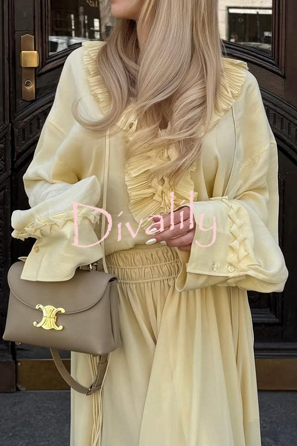 Solid Color Pleated Ruffled Tie Long Sleeve Loose Shirt