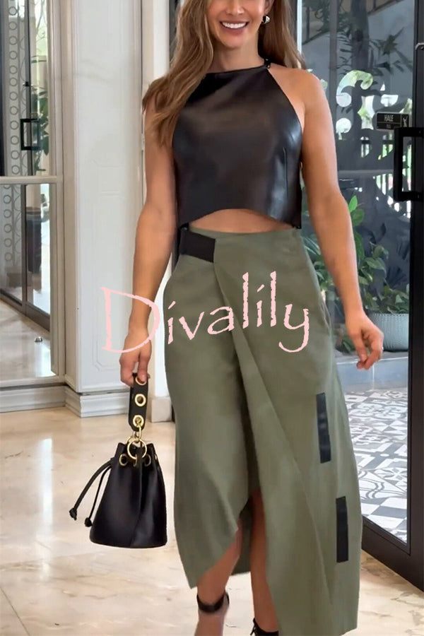 Stylish Cropped Sleeveless Top and Pockets Irregular Hem Skirt Set