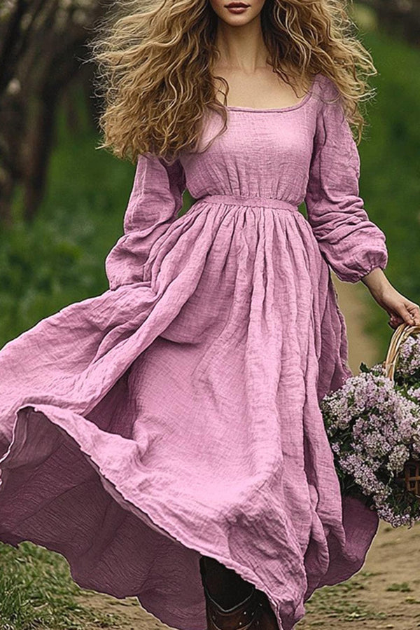 Solid Color Square Neck Long Sleeve Waist Casual Maxi Dress