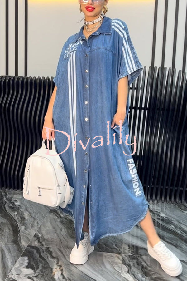 Fashion Letter Print Lapel Cardigan Loose Maxi Dress