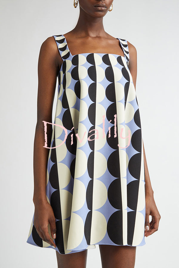 Funny Chic Geometric Circle Poka Dot Square Neck Trapeze Mini Dress