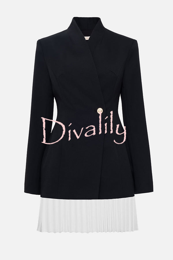 Fashionable Contrast Color Elegant Long Sleeve Pleated Suit Mini Dress