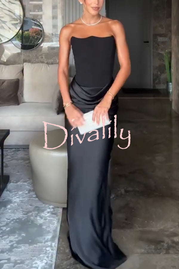 Attend The Gala Strapless Corset Satin Ruched Hip Drape Maxi Dress