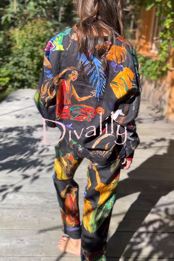 Unique Print Lapel Long Sleeve Loose Shirt and Elastic Waist Pocket Wide Leg Pants Set