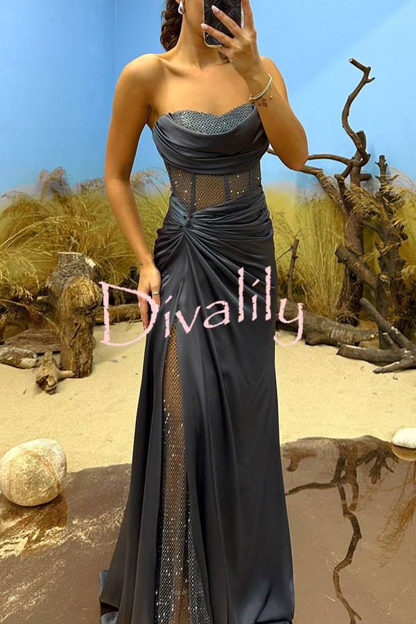 Essie Satin Rhinestone Patchwork Twist Waist Strapless Slit Maxi Dress