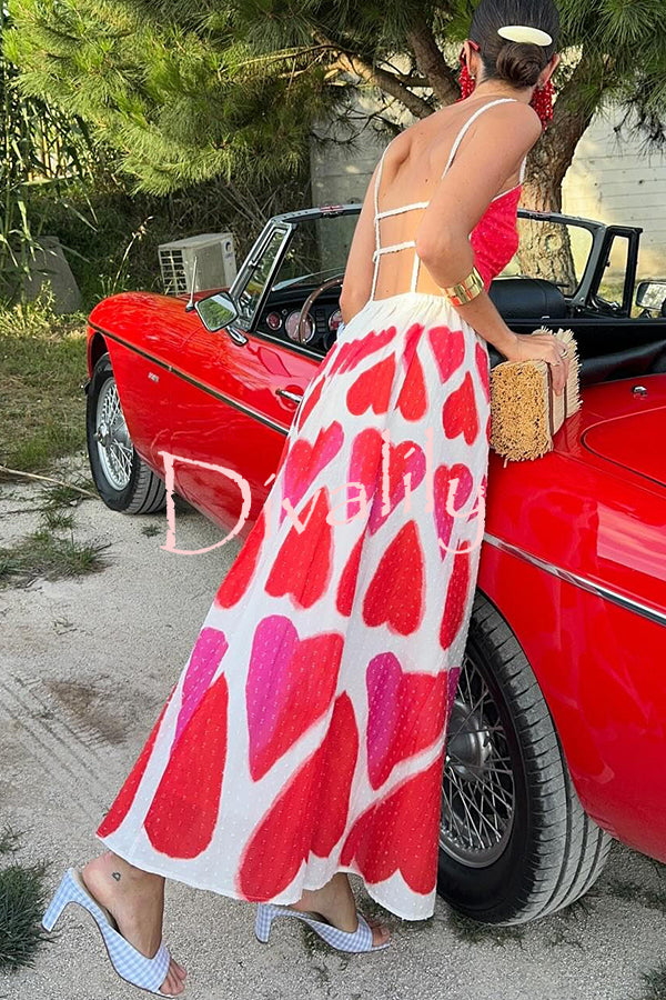 Full of Love Heart Shape Print Cutout Spaghetti Strap Backless Maxi Dress