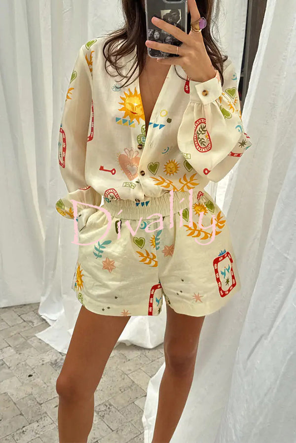 Funny Vacation Unique Printed Long Sleeve Shirt and Elastic Waist Pocket Loose Shorts Set