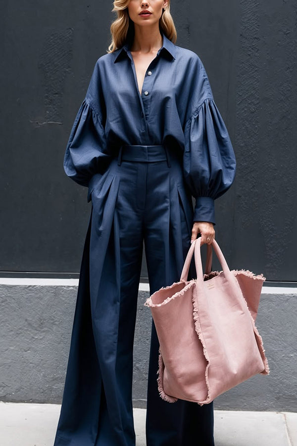 Solid Color Lapel Long-sleeved Loose Shirt and Casual Wide-leg Pants Set