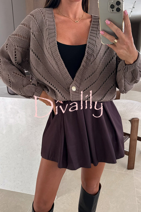 Fashion Hollow Knitted V-neck Button Loose Cardigan