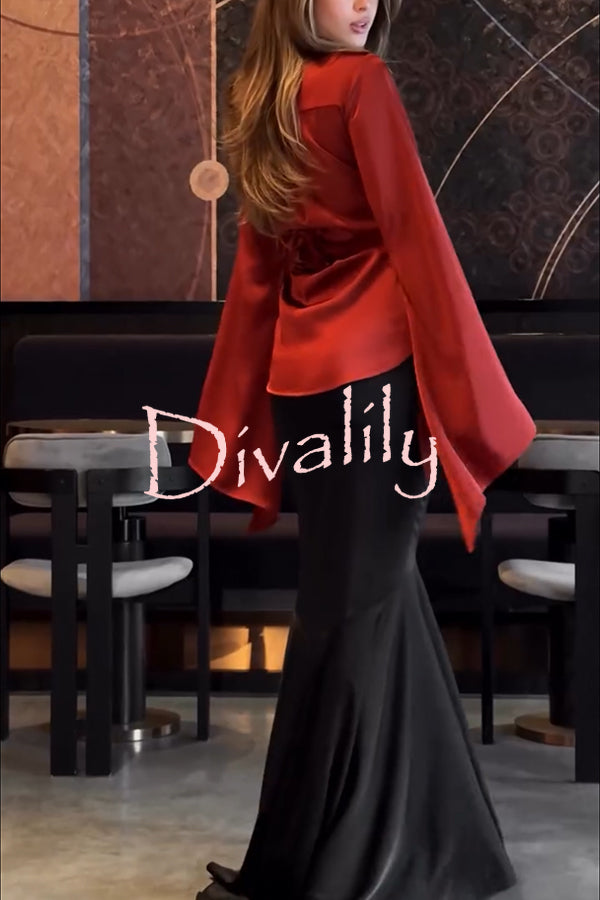 Jenny Satin High Rise Elastic Waist Flare Maxi Skirt