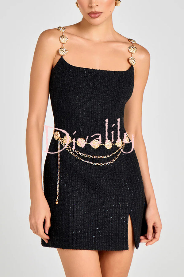 Timeless Exquisite Tweed Fabric Metal Coin Chain Detail Slip Mini Dress