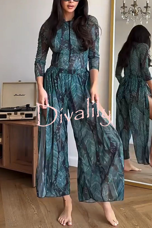 Unique Print One-piece Swimsuit and Cardigan and High Rise Pants Three-piece Set