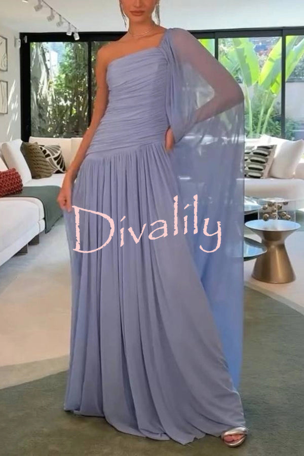 End of Light Chiffon One Shoulder Single-sleeve Shawl Ruched Maxi Dress