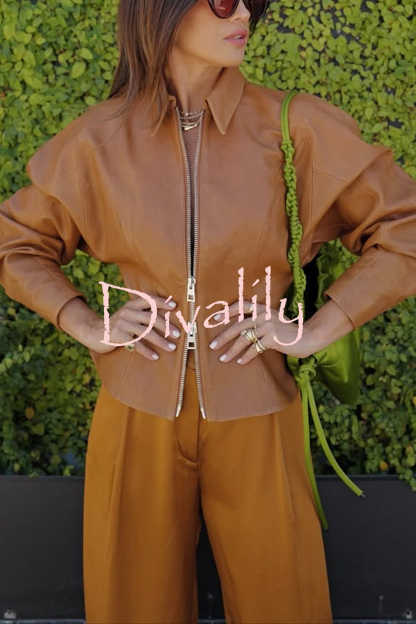 Pop of Brown Faux Leather Double Zipper Detail Balloon Sleeve Lapel Jacket