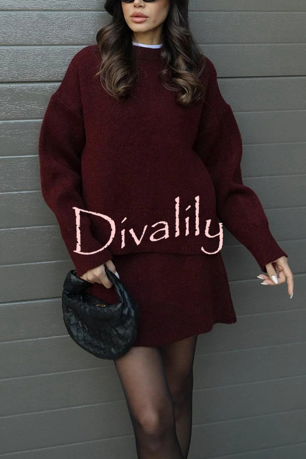 Solid Color Casual Preppy Knit Top and Knit Stretch Mini Skirt Set