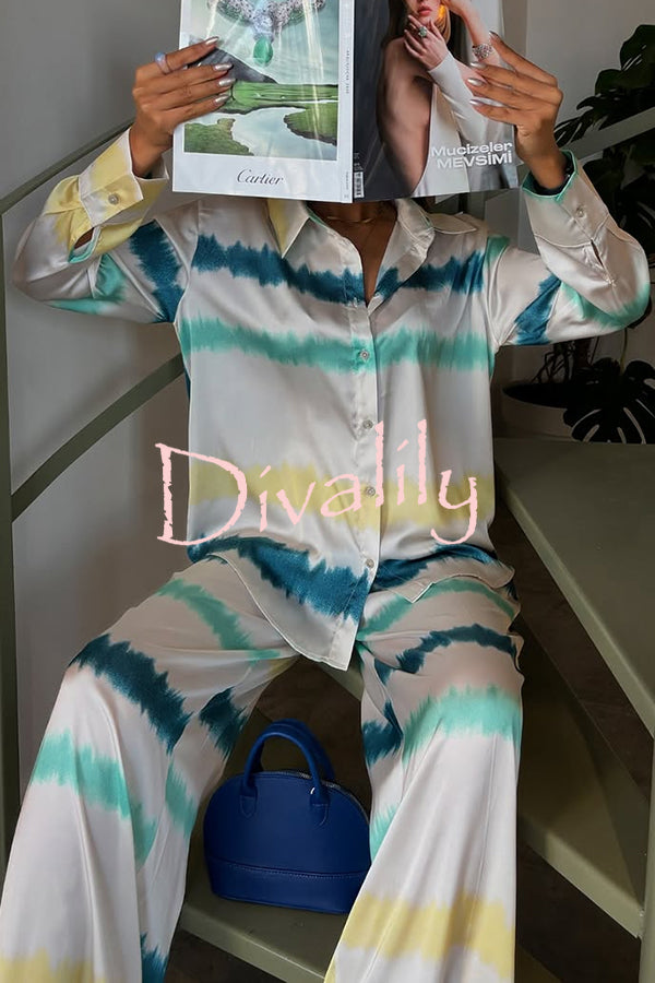 Lizbeth Satin Tie Dye Print Long Sleeve Shirt and Elastic Waist Pocketed Pants Set