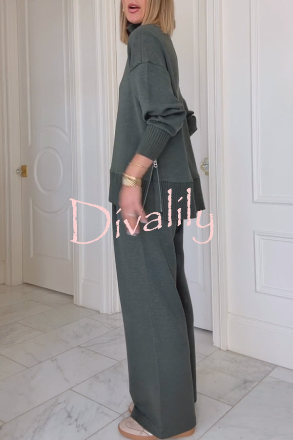 Barker High-Neck Long Sleeve Side Zipper Sweatshirt and Elastic Waist Pocketed Loose Pants Set