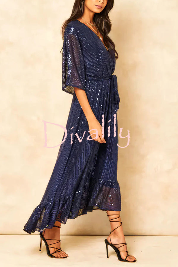 Solid Color Sequined V-neck Waist Tie Loose Maxi Dress