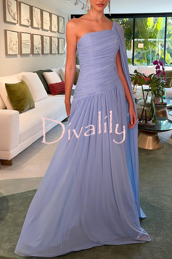 End of Light Chiffon One Shoulder Single-sleeve Shawl Ruched Maxi Dress