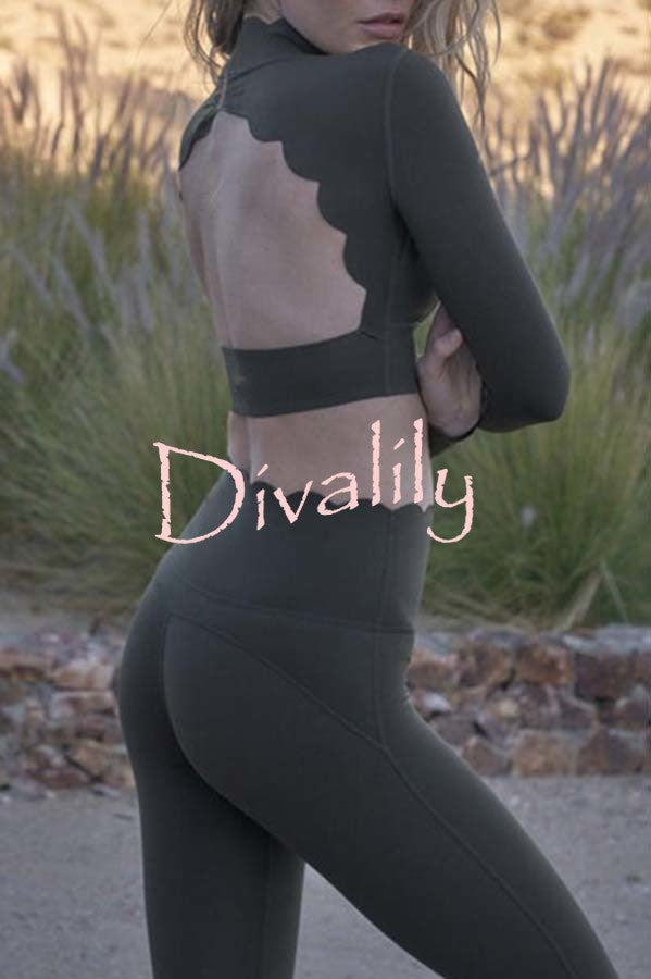 Open Back Petal Trim Long Sleeve Yoga Sports Crop Top