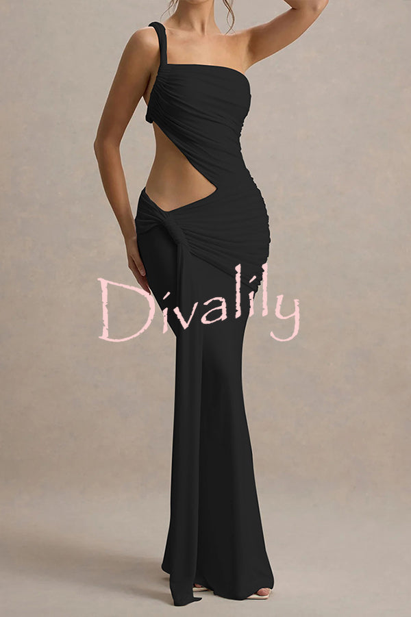 Sexy One-shoulder Backless Ribbon Pleated Slim Maxi Dress