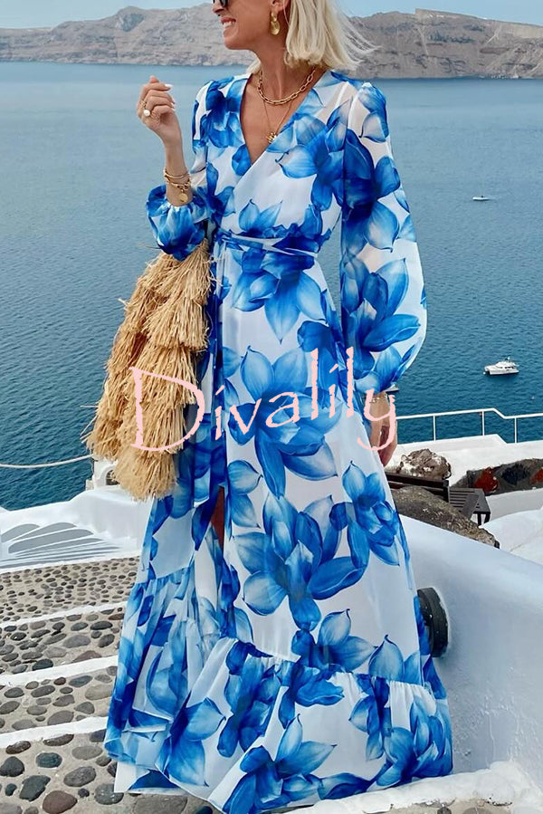 Island Girl Floral Print V-neck Long Sleeve Tie Slit Holiday Maxi Dress