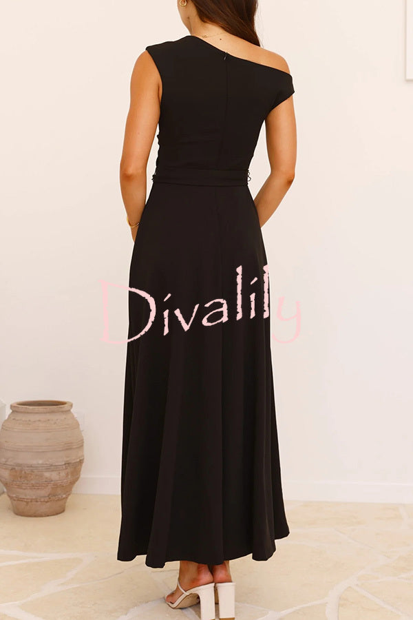Solid Color Sloped Collar Slim Fit Waist Lace Up Full Hem Maxi Dress
