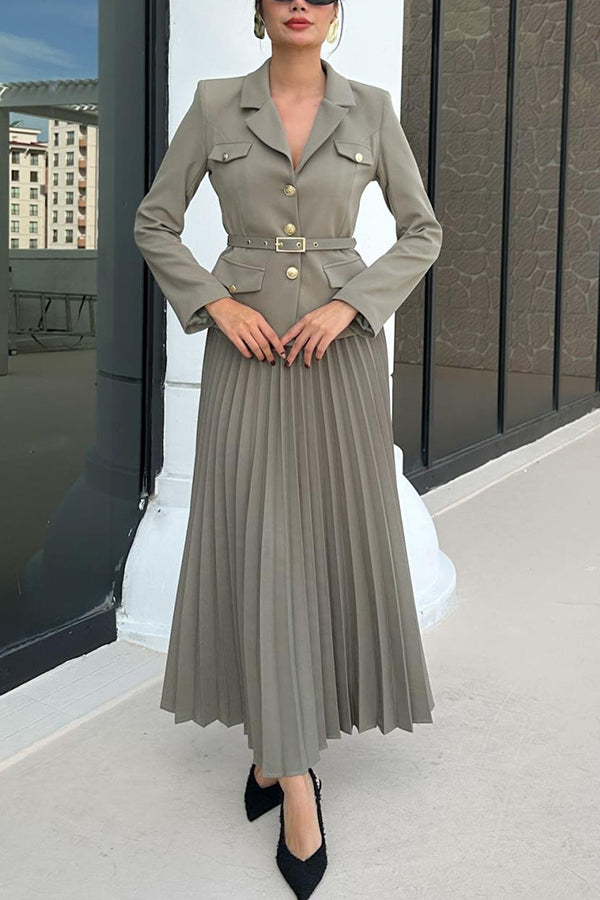 Solid Color Lapel Button Belt Blazer and Pleated Casual Maxi Skirt Set
