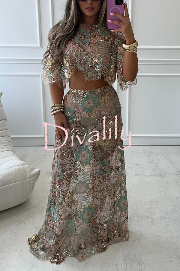 Fashionable Embroidered Flower Sequined Crop Top and Elegant Sheer Maxi Skirt Set