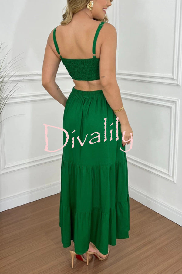 Solid Color Sleeveless Pleated Back Waist-baring Maxi Dress