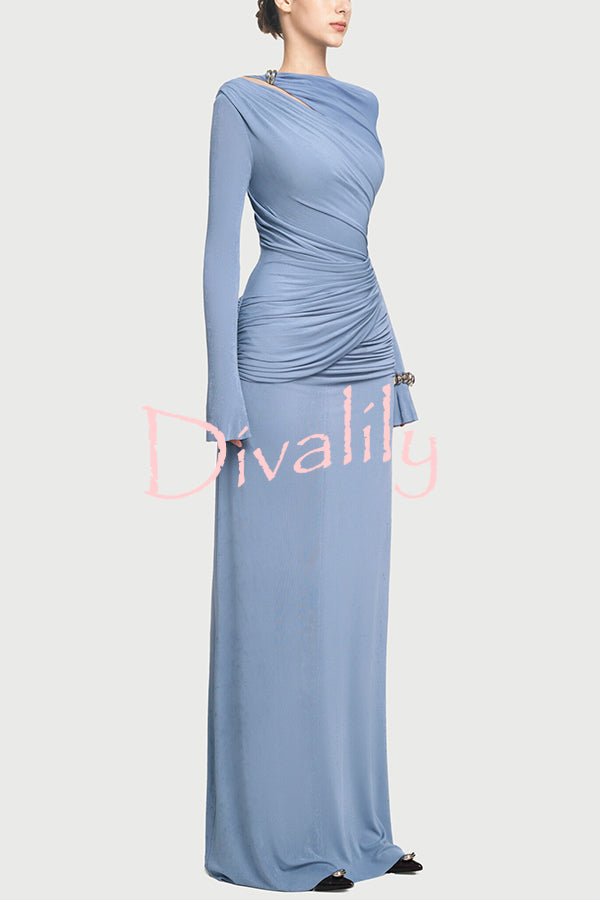 Stylish Long-sleeved Slim-fit Pleated Elegant Maxi Dress