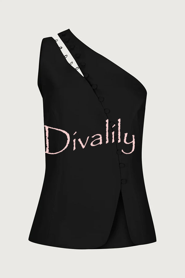 Full of Design Solid Color One Shoulder Asymmetric Slit Button Casual Vest